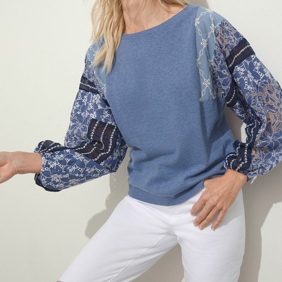NWT Chico's Faded Indigo Blue Embroidered Eyelet Puff Sleeve Sweater, 0/S - Picture 1 of 8